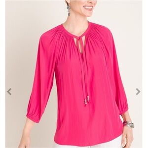 Chico's Hot Pink Tie-Front Peasant Blouse sz3 like new